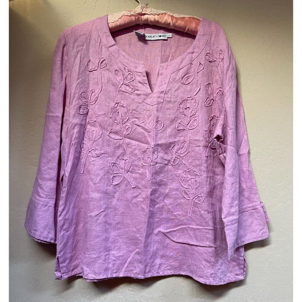 Carlie's Court Women's Floral Cut-Out Blouse Top Notched Neck Linen Purple Large